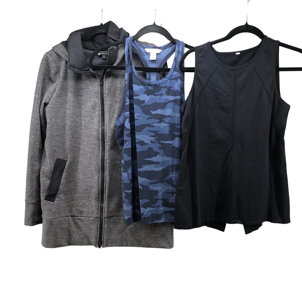 Athleta Activewear Bundle Womens M Gray Hoodie Blue Camo Tank Black Split Back